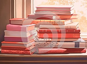 Blurred background of pile of books in the study room of high school, college, or university campus. Education or