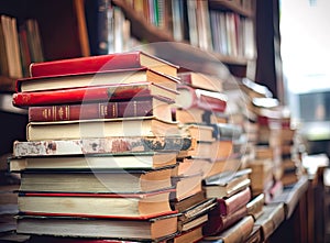 Blurred background of pile of books in the study room of high school, college, or university campus. Education or