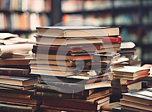 Blurred background of pile of books in the study room of high school, college, or university campus. Education or