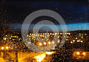 Blurred background with rain drops on glass