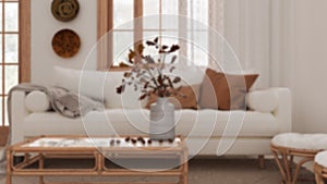 Blurred background, retro living room closeup. Sofa, rattan table with autumn decors. Boho chic design, fall interior concept