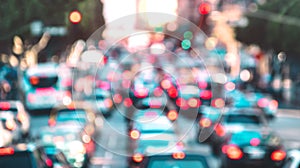 Blurred background of rush hour moment with defocused cars and generic vehicles - Traffic jam concept in Los Angeles downtown with