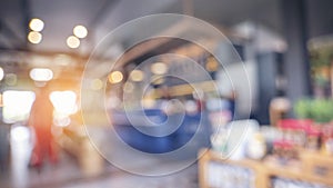 Blurred background shopping mall light bokeh business event in retail store. Blurry abstract background of store grocery. Blur