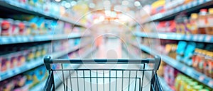 Blurred Background Of Supermarket Aisle With A Shopping Cart And Product Shelves