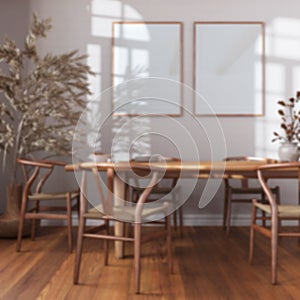 Blurred background, wooden retro dining room. Table with chairs, parquet, decors and frame mockup. Farmhouse interior design