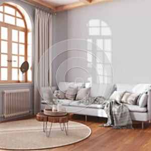Blurred background, wooden retro living room. Fabric sofa, parquet, decors and wall mockup. Farmhouse interior design