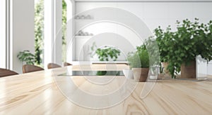 Blurred background with wooden table top and blur bokeh modern white kitchen interior