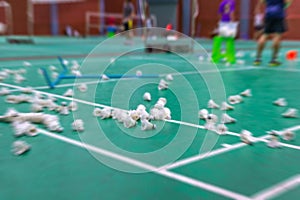 blurred badminton shuttlecock with white line on green court