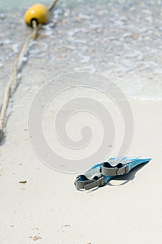 Blurred Blue fins for snorkel on the beach at the sea.