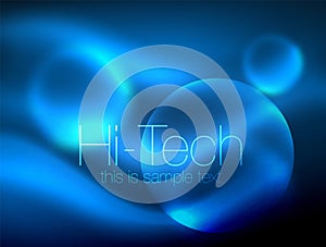 Blurred blue neon glowing circles, hi-tech modern bubble template, techno glowing glass round shapes or spheres