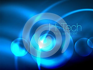 Blurred blue neon glowing circles, hi-tech modern bubble template, techno glowing glass round shapes or spheres