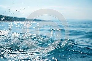 Blurred blue water surface with splashes and bubbles