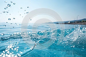 Blurred blue water surface with splashes and bubbles