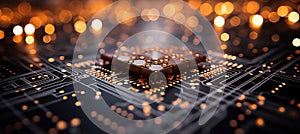 Blurred bokeh background with close up of glowing computer chip circuitry and components