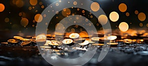 Blurred bokeh background with floating digital currency symbols depicting financial transaction