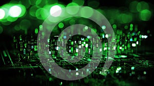 Blurred bokeh with binary code and computer circuitry for digital tech design background