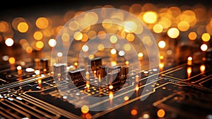 Blurred bokeh effect with binary code and computer circuitry for futuristic tech design