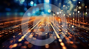 Blurred bokeh effect with binary code and computer circuitry for futuristic tech design and concept