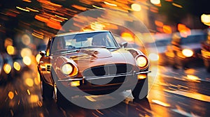 Blurred bokeh effect overlayed with vibrant car showroom scenes and vintage automotive icons