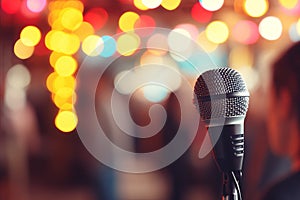 Blurred bokeh effect at vibrant concert stage with colorful lights and blurred crowd.