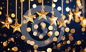 Blurred bokeh light background. New Year\'s decor in the shape of stars. New Year and Christmas background, bokeh, sparkles