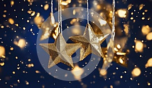 Blurred bokeh light background. New Year\'s decor in the shape of stars. New Year and Christmas background, bokeh, sparkles