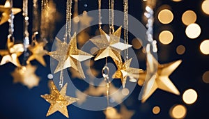 Blurred bokeh light background. New Year\'s decor in the shape of stars. New Year and Christmas background, bokeh, sparkles