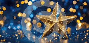 Blurred bokeh light background. New Year\'s decor in the shape of stars. New Year and Christmas background, bokeh, sparkles