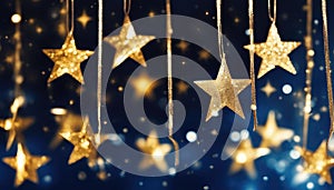Blurred bokeh light background. New Year\'s decor in the shape of stars. New Year and Christmas background, bokeh, sparkles