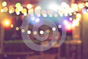 Blurred bokeh night lights in restaurant, abstract image of night festival, background party blur celebration concept