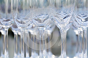 Blurred and bokeh of wine and champagne glass setting for wedding ceremony.