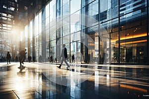 Blurred business people rush at trade fair hall or hi-tech airport with sunlight. Abstract business background