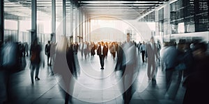 Blurred business people walking in the city scape , panoramic view of people crossing the road.