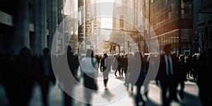 Blurred business people walking in the city scape , panoramic view of people crossing the road.