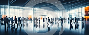 blurred business people walking at a trade fair conference or walking in a modern hall motion speed blur wide panoramic banner