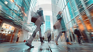 Blurred businesspeople walking at modern city with city scape background, Generative AI