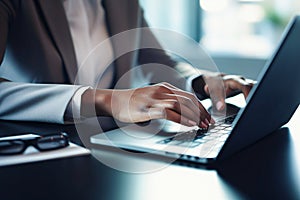 Blurred businesswoman hands typing on laptop keyboard in office.