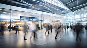 blurred bussines people walking at a trade fair comerce, background with copyspace