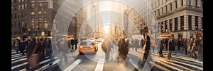 Blurred Busy street scene with crowds of people walking across an intersection in New York City. Generative Ai