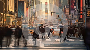 Blurred Busy street scene with crowds of people walking across an intersection in New York City. Generative Ai