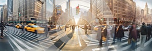 Blurred Busy street scene with crowds of people walking across an intersection in New York City. Generative Ai