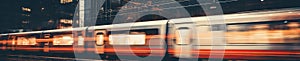 Blurred capture of a modern train powering through a station. Created by AI