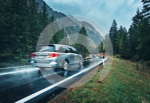 Blurred car in motion on the road in autumn forest in rain