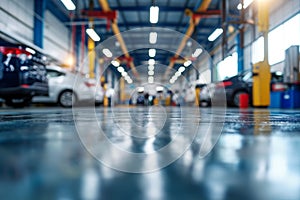 Blurred car repair station with epoxy floor, electric lift background