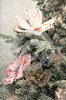 Blurred christmas tree, snow, christmas, background. Happy New Year and Xmas theme.