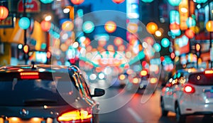 A blurred city street at night with cars and colorful lights,traffic bustling in the metropolis