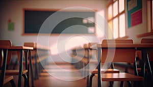 Blurred classroom, empty chairs, sunlight.