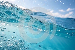 Blurred clear blue transparent smooth calm water surface texture