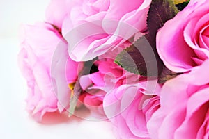 Blurred close up of bouquet of artificial pink roses on white background