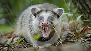 A blurred closeup of an opossums long snout revealing sharp teeth and a pink nose as it sniffs the ground for food